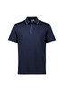 A navy blue men's short sleeve polo shirt with contrasting trim and a collar. Features a logo.