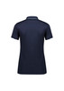 A navy women's short sleeve polo shirt featuring a contrasting collar and an unseen logo on the back.