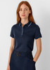 A navy blue women's short sleeve polo shirt featuring a classic collar and a logo.