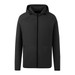 A black zipped hoodie featuring a hood and front zip, with a subtle branding logo.