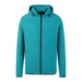 A turquoise zipped hoodie with a hood and a front zip closure, featuring a logo on the chest area.
