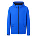 A blue rain jacket with a hood, featuring a front zipper and pockets, and includes a logo.