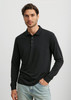 A long sleeve black polo shirt for men, featuring a buttoned collar and a logo on the chest.