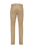 A pair of beige tapered stretch chino pants with back pockets and a logo.