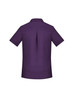 A purple short sleeve women's shirt with a back pleat and a branding logo.