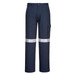 Navy cotton cargo pants featuring reflective tape stripes, a side cargo pocket, and a logo branding.