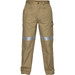 Cotton cargo pants in khaki with reflective tape details and side pockets, featuring a logo on the pocket.