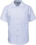 A light blue short sleeve school shirt with a Peter Pan collar and a chest pocket. It has a logo on the label.