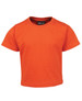An orange infant t-shirt with short sleeves and a round neckline, featuring a logo on the inside label.