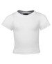 A white infant tee featuring short sleeves and a round neckline, with a logo branding on the front.