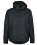 A black rain jacket with a hood, featuring zipper pockets and a logo on the front.