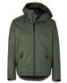 A green rain jacket with a hood, featuring a zip closure and two side pockets, plus a branding logo.