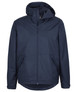 A navy rain jacket featuring a hood and a front zipper. The jacket includes a logo on its surface.