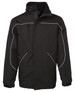 A black rain jacket featuring white piping and multiple pockets, with a zippered front and high collar.