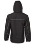 A black rain jacket featuring a hood, with reflective detailing and a simple design. It has a logo on the back.