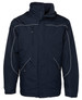 A navy rain jacket with white piping, featuring a front zip, high collar, and multiple pockets. It has a logo.