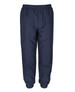 Navy blue track pants with an elastic waistband and cuffs, featuring a logo on the front.