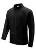 A black men's softshell jacket with a zip front and adjustable cuffs, featuring side pockets and a logo.