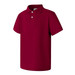 A short sleeve polo in a rich burgundy colour with a collar and three buttons, featuring a logo on the side.