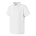 A white short sleeve polo shirt with a collar and three buttons, featuring a logo on the chest.