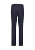 A pair of navy women's pull-on pants with a mid-rise design and a smooth finish. Features a logo on the waistband.