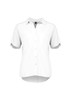 A white short sleeve blouse with a collar and button-up front, featuring rolled sleeves and a curved hem.