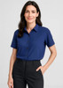 A women's short sleeve blouse in navy blue, featuring a button-up front and a collared neckline.