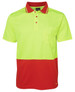 A high-visibility work polo shirt featuring a bright yellow top and red bottom, with a chest pocket and logo.
