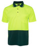 A work polo shirt in high visibility yellow and dark green, featuring a collar and a chest pocket.