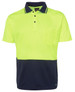 A bright yellow and navy work polo shirt with a collar, pocket, and logo. Ideal for workwear settings.