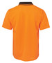 An orange work polo shirt with a black collar and a logo on the back.