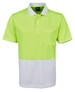A bright yellow and white work polo shirt featuring a pocket and a logo.