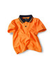 An orange work polo shirt with a navy collar and branding, featuring short sleeves and a button closure.
