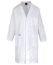 A white lab coat with long sleeves, featuring a pocket and a branded logo.