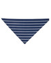 A navy blue and white striped chef's scarf with a triangular shape. It features a logo.