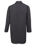 A black lab coat with long sleeves and a collared neckline, featuring a simple, sleek design.