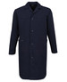A dark navy lab coat with long sleeves, a button front, and a chest pocket. It features a logo on the side.