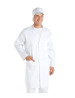 A white lab coat with long sleeves and a matching white cap, worn by a smiling model.