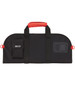 A black and red chef's knife bag featuring dual handles and a small pocket, with a logo on the side.