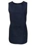 A navy smock with a simple sleeveless design and two front pockets. Features branding on one side.