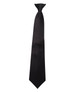 A black clip-on tie with a smooth finish, suitable for formal or casual occasions.