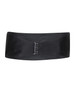 A black satin cummerbund with a sleek design and three-button fastening, featuring a branding logo.