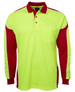 A long-sleeved polo shirt in high-visibility yellow with red panels and a logo on the chest pocket.