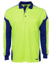 A long-sleeve polo shirt in bright yellow and navy blue, featuring a chest pocket and contrasting sleeve panels.
