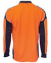 A long-sleeve polo shirt featuring orange and navy panels, with a logo on the collar. Ideal for workwear.