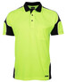 A bright lime green polo shirt with black accents and a pocket, featuring a logo on the front.
