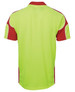 A bright lime green and red polo shirt featuring arm panel detailing and a logo.