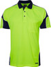 A high-visibility green polo shirt with navy blue arm panels and a chest pocket, featuring a logo.