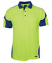 A high-visibility polo shirt in bright green and navy blue, featuring a pocket and a logo.