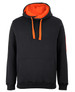 A black hoodie with an orange inner lining and drawstrings, featuring a front pocket and a logo on the sleeve.